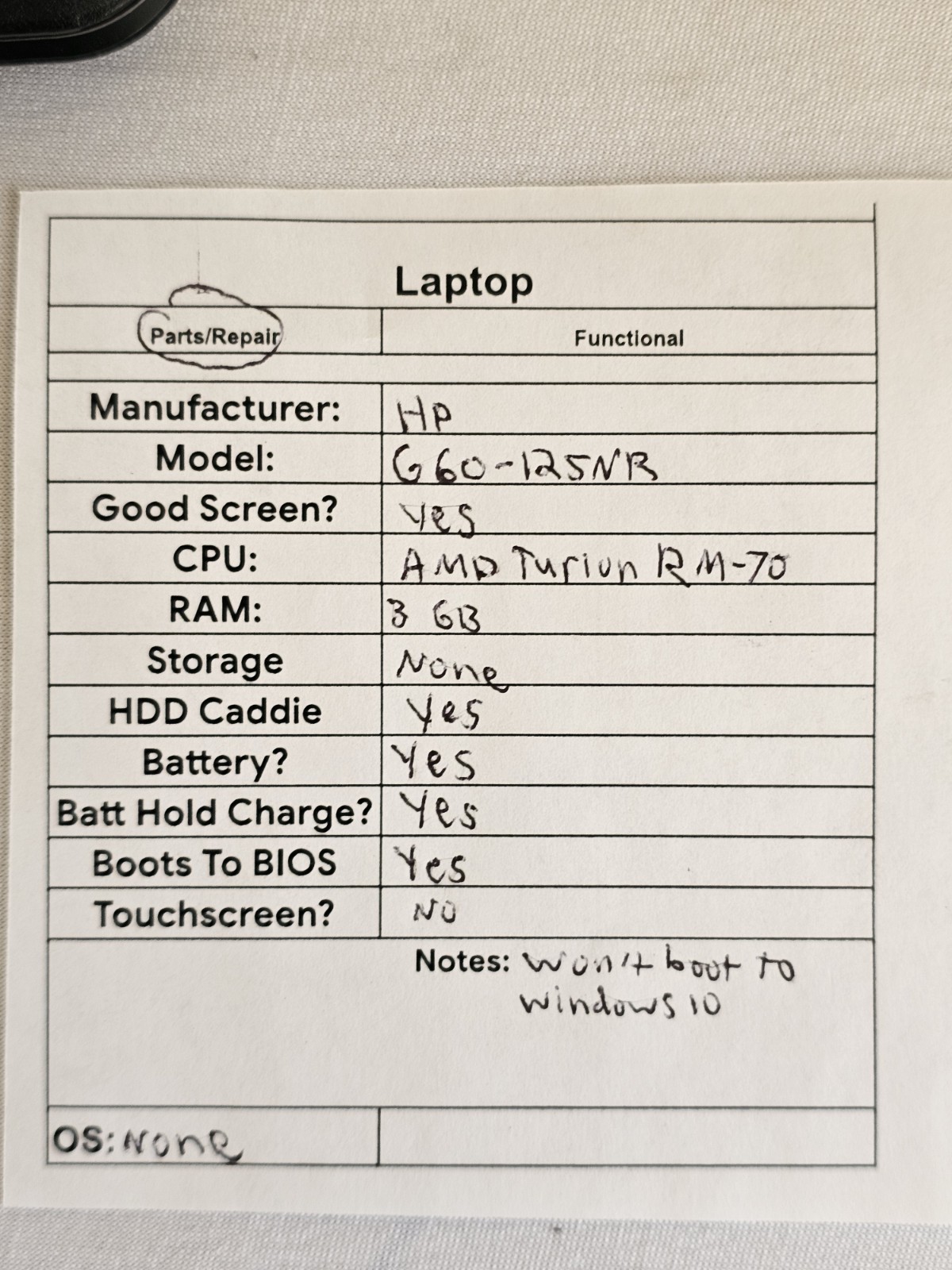 HP G60-125NR Laptop – AMD Turion RM-70 – 3GB RAM – NO HDD/OS WON’T BOOT WINDOWS