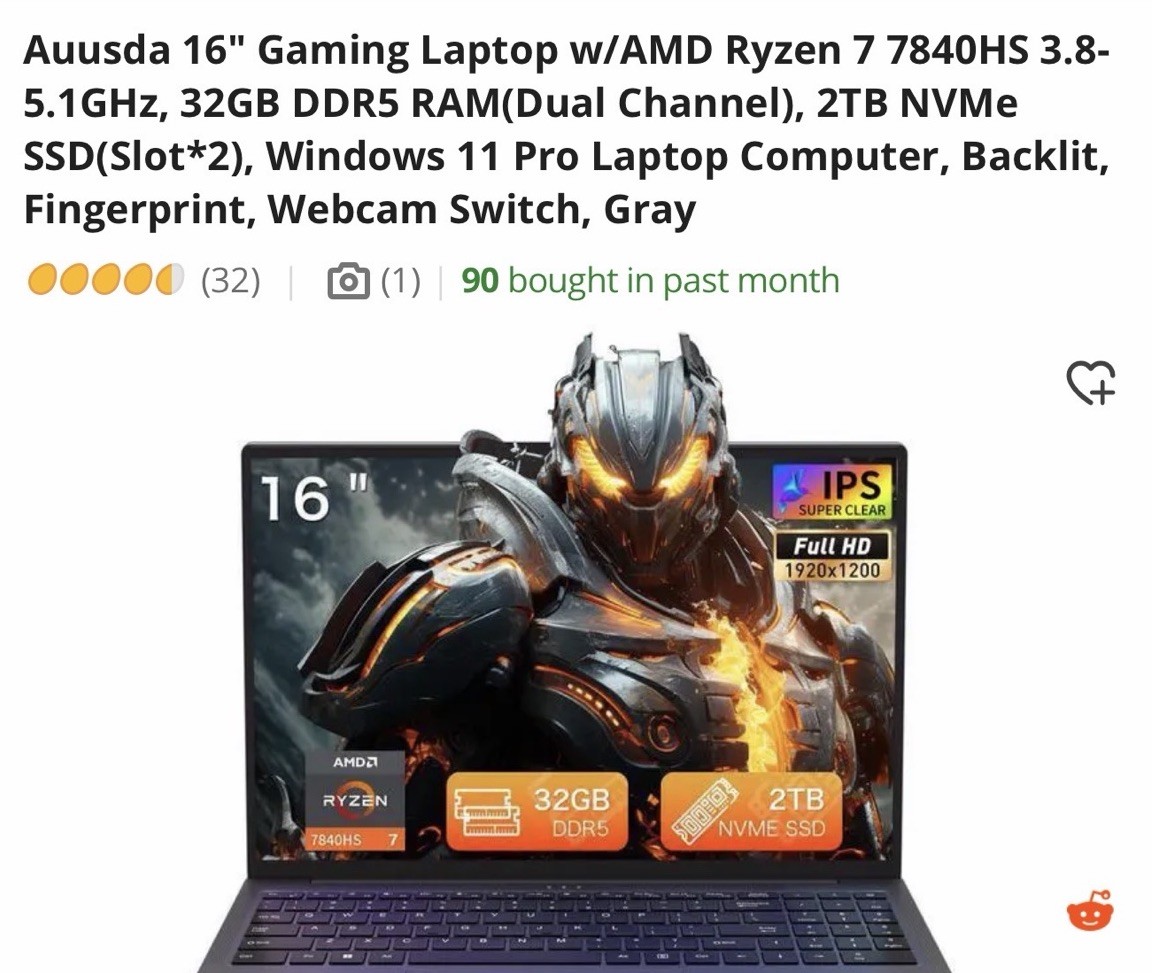Auusda 16in Gaming Laptop Ryzen 7 7840HS 32GB 2TB SSD Win11 Pro Gray