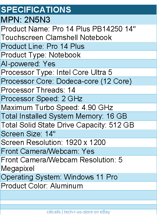 Dell 2N5N3 Pro 14 Plus PB14250 14″ Touchscreen Clamshell Notebook