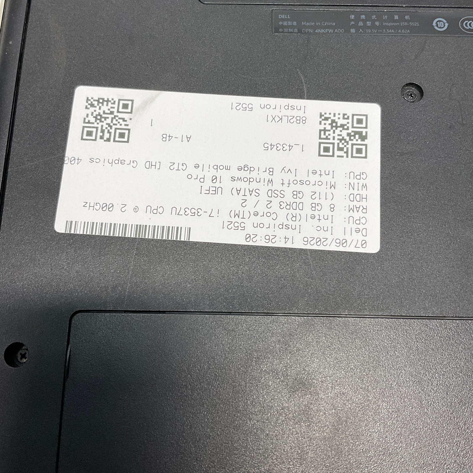 Dell Inspiron 15R-5521 i7-3537U 1.8Ghz 8GB 128GB SSD Windows 10 Pro Laptop