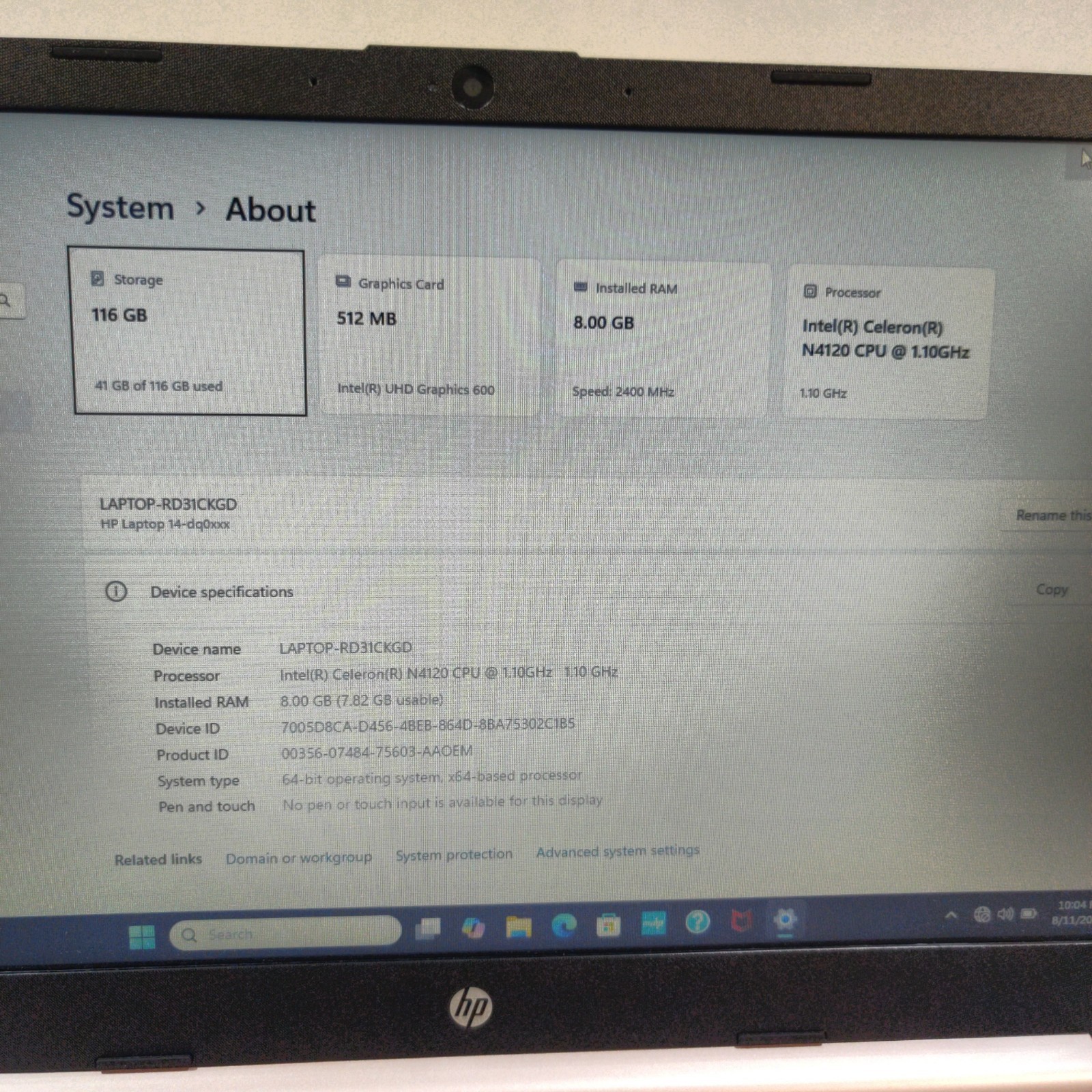 HP Laptop 14-DQ0762DX 14″ Intel Celeron N4120 8GB 128GB Rose Gold NO AC ADAPTER