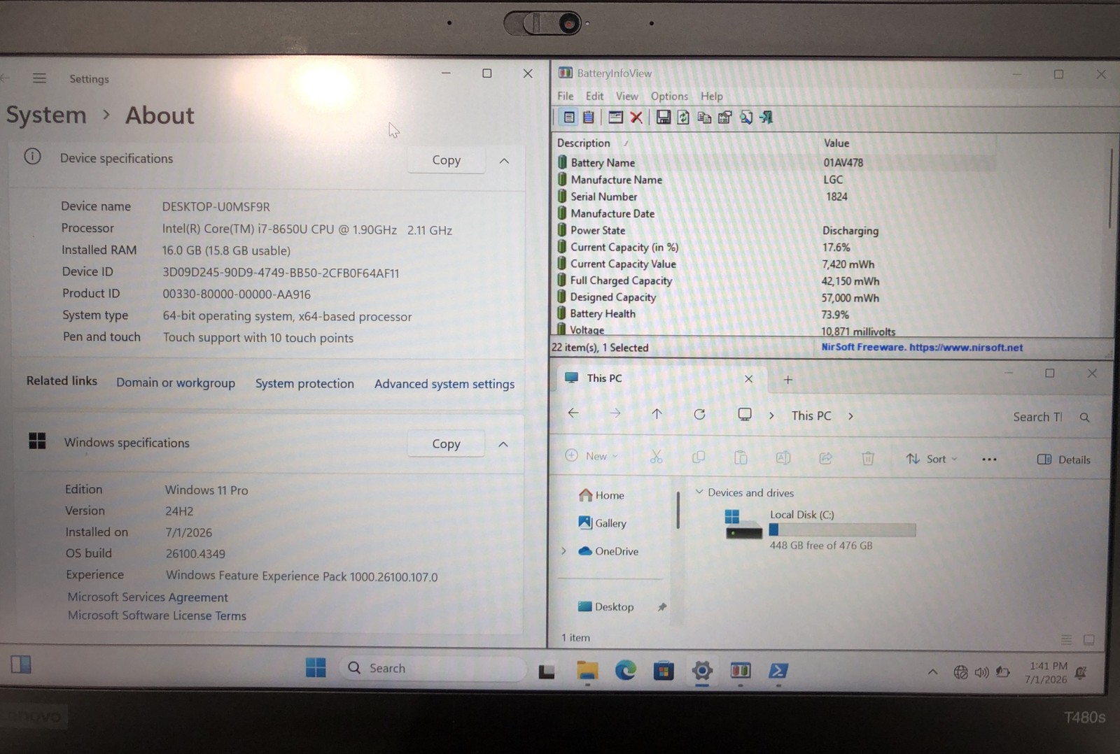 Lenovo Thinkpad T480s, Intel Core i7-8650U @1.90GHz, 16GB RAM 500GB SSD W11