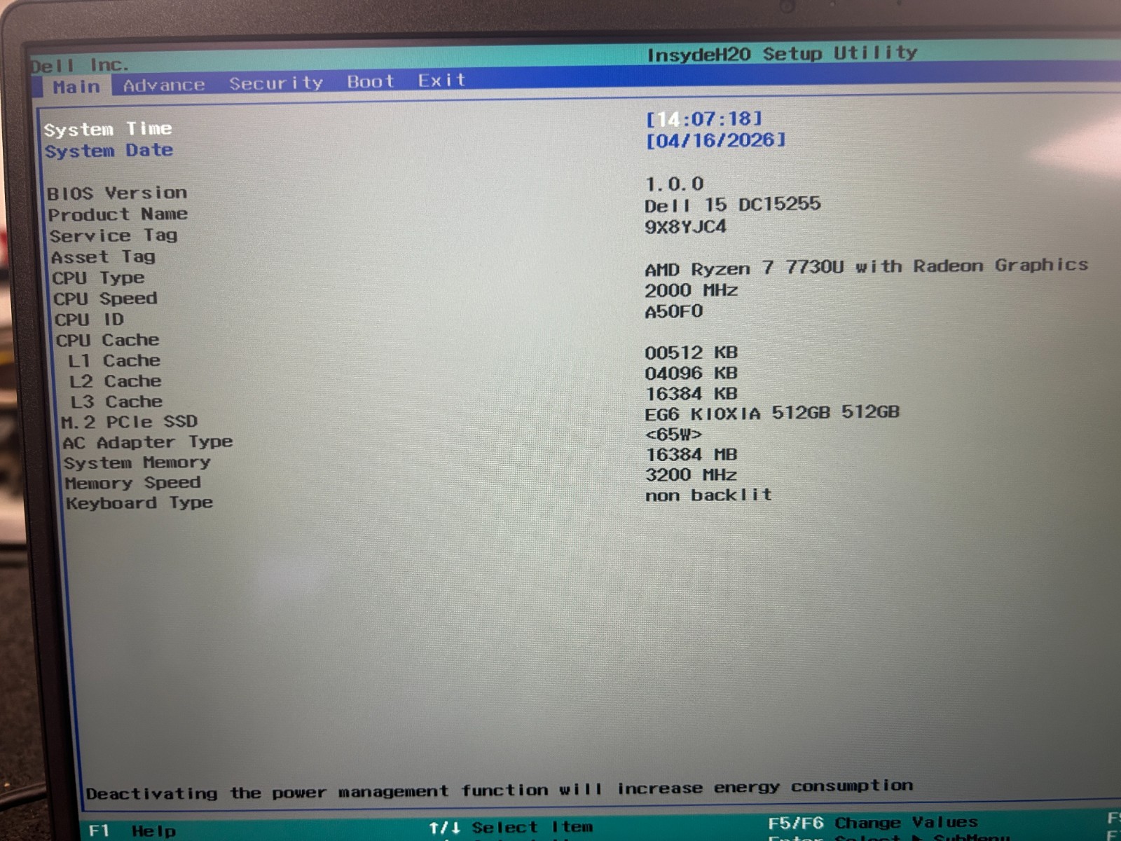 DELL 15 DC15255 G8MK9, AMD Ryzen 7 7730U, 2.00 GHz, 16 GB RAM, 512 GB NVMe SSD