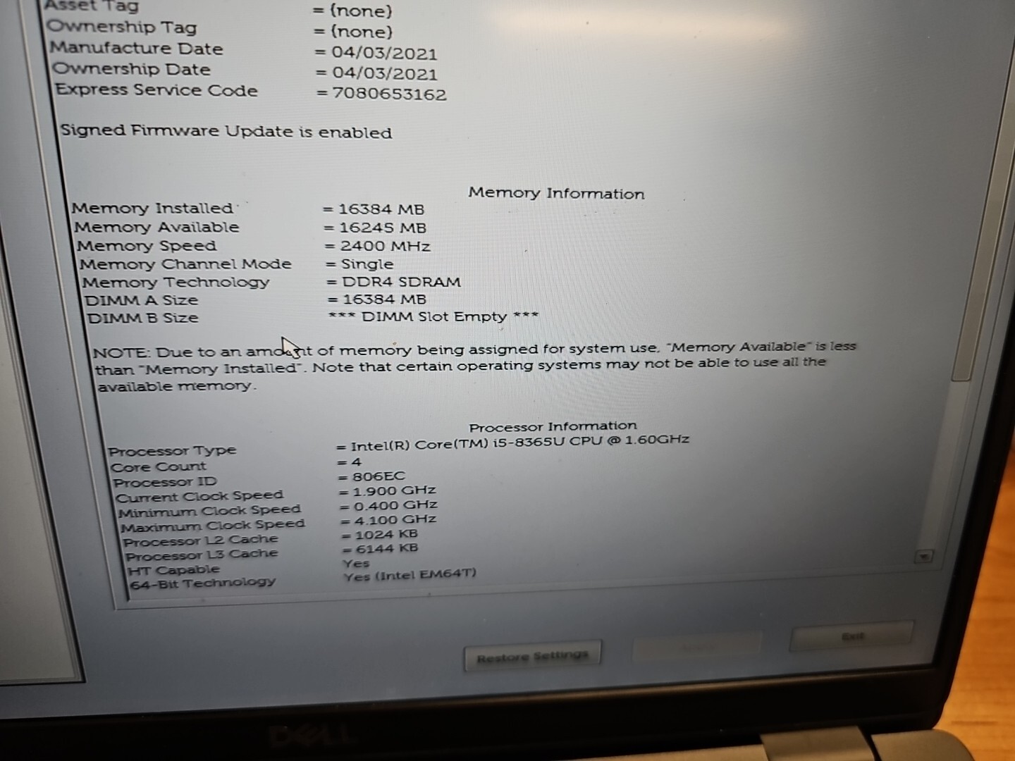 Dell Latitude 5400 Intel Core i5-8365U 16GB RAM 256GB SSD Batt Branded 111825-1