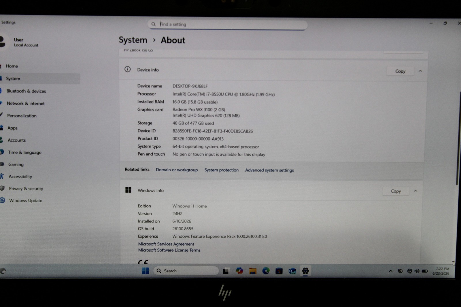 HP ZBook 15u G5 i7-8550U @ 1.8 GHz 16GB RAM 512GB SSD Radeon WX 3100 Win 11 Home
