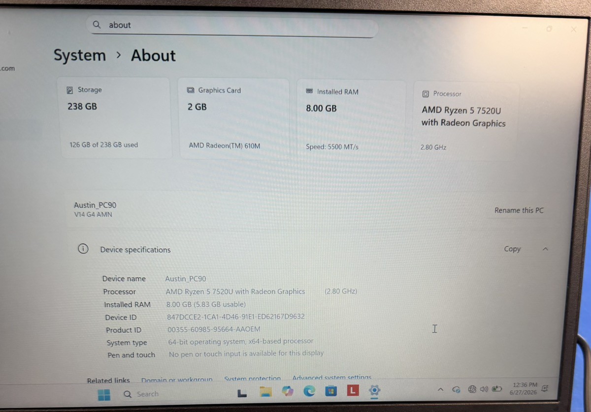 LENOVO V14 G4 AMN 8GB RAM, 256GB SSD, AMD 7520U, WINDOWS 11 PRO (C57006985)