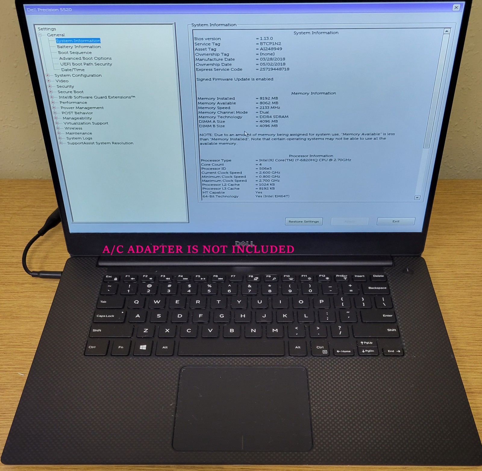 Dell Precision 5520 i7-6820HQ 2.70GHz 8GB DDR4 Quadro M1200 No OS/SSD/HDD