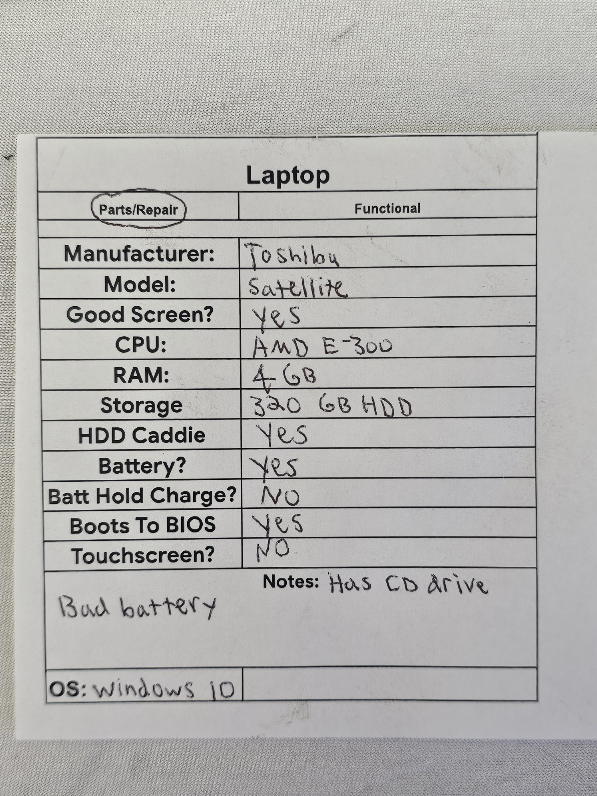 Toshiba Satellite C855D Laptop – AMD E-300 – 4GB RAM – 320GB HDD BAD BATT Win 10
