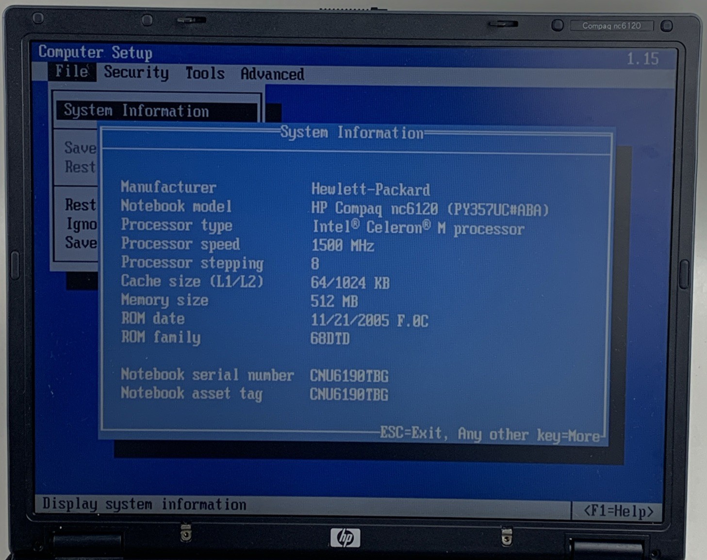 HP Compaq NC6120 Intel Celeron M 1.50GHz 512MB RAM 15″ No Battery No HDD No OS