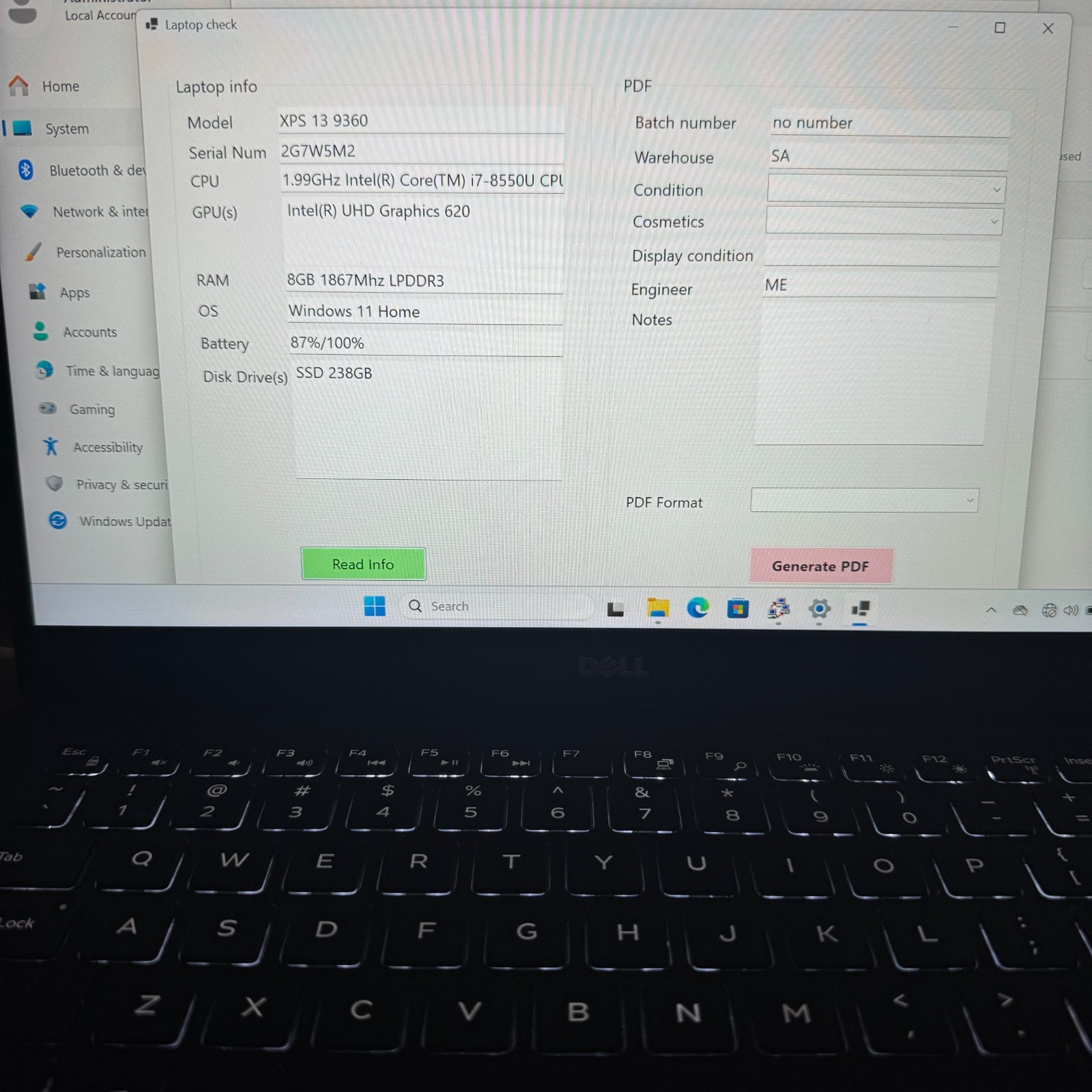 Dell XPS 13 9360 i7-8550U 8GB RAM 256GB SSD Win 11 Home Battery 87%