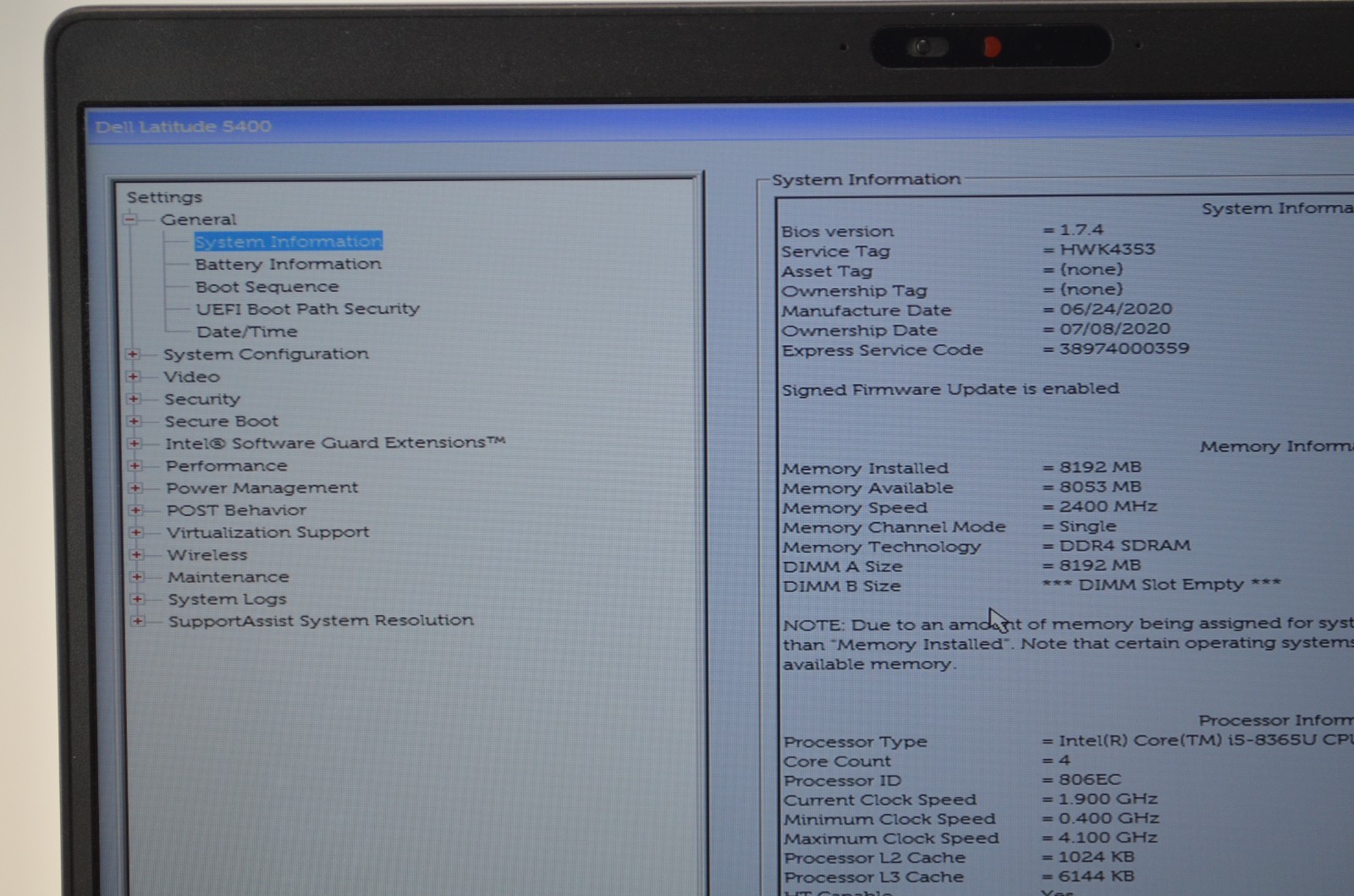 Dell Latitude 5400 Core i5-8365U 1.60GHz 8GB RAM No HDD/OS PARTS READ