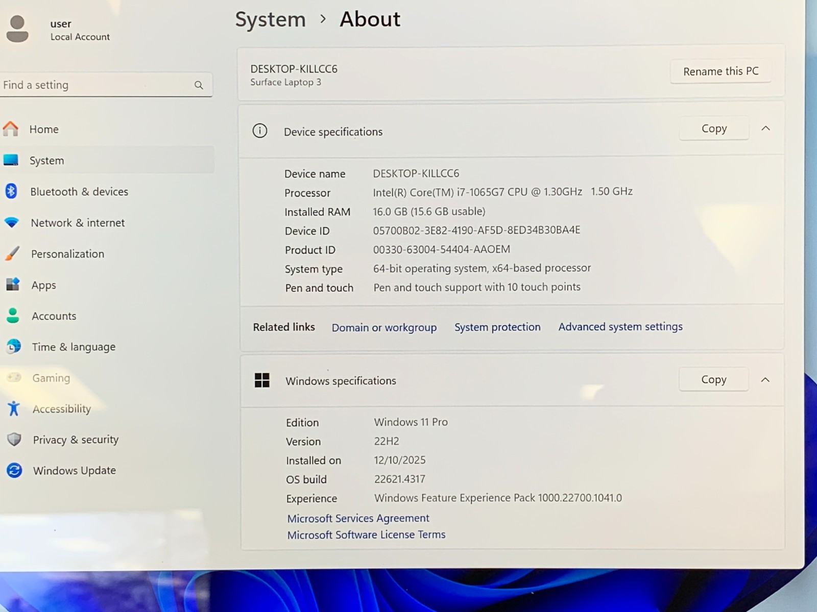 Microsoft Surface Laptop 3 1868 13.5″ Touch i7-1065G7 1.3GHz 16GB 512GB W11P