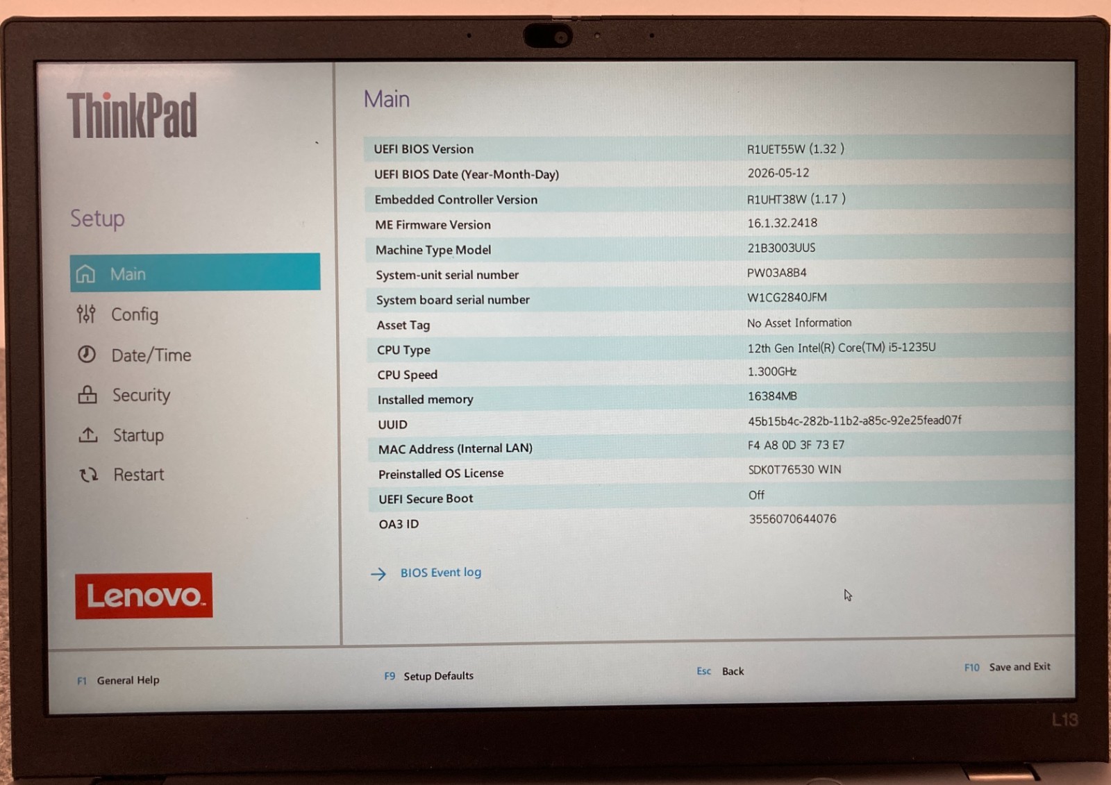 Lenovo ThinkPad L13 Gen 3 14″ Laptop i5-1235U 16GB RAM 256GB NVMe, As Is