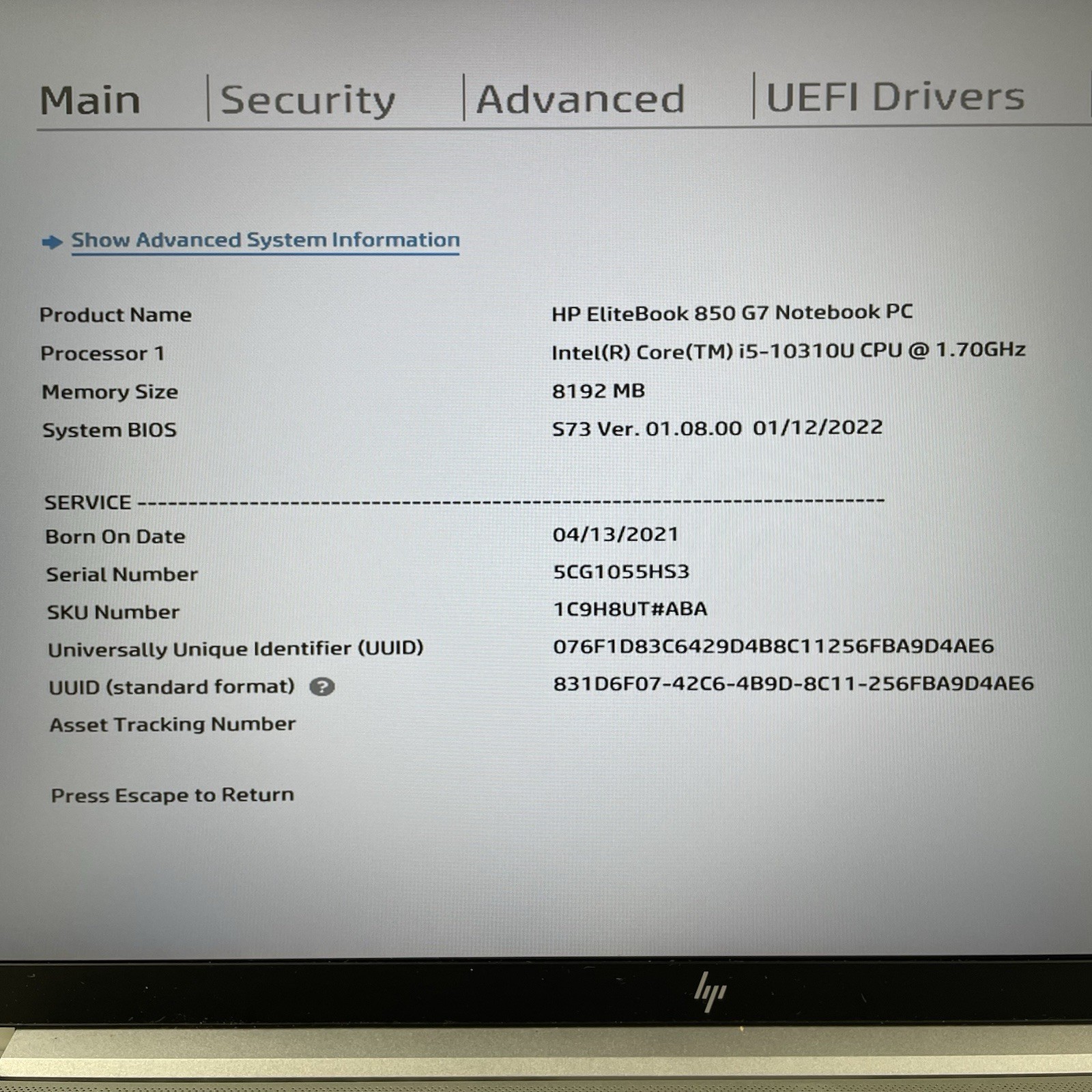 HP EliteBook 850 G7 15.6″ i5-10310U 1.70 GHz 8 GB RAM No SSD/OS/AC