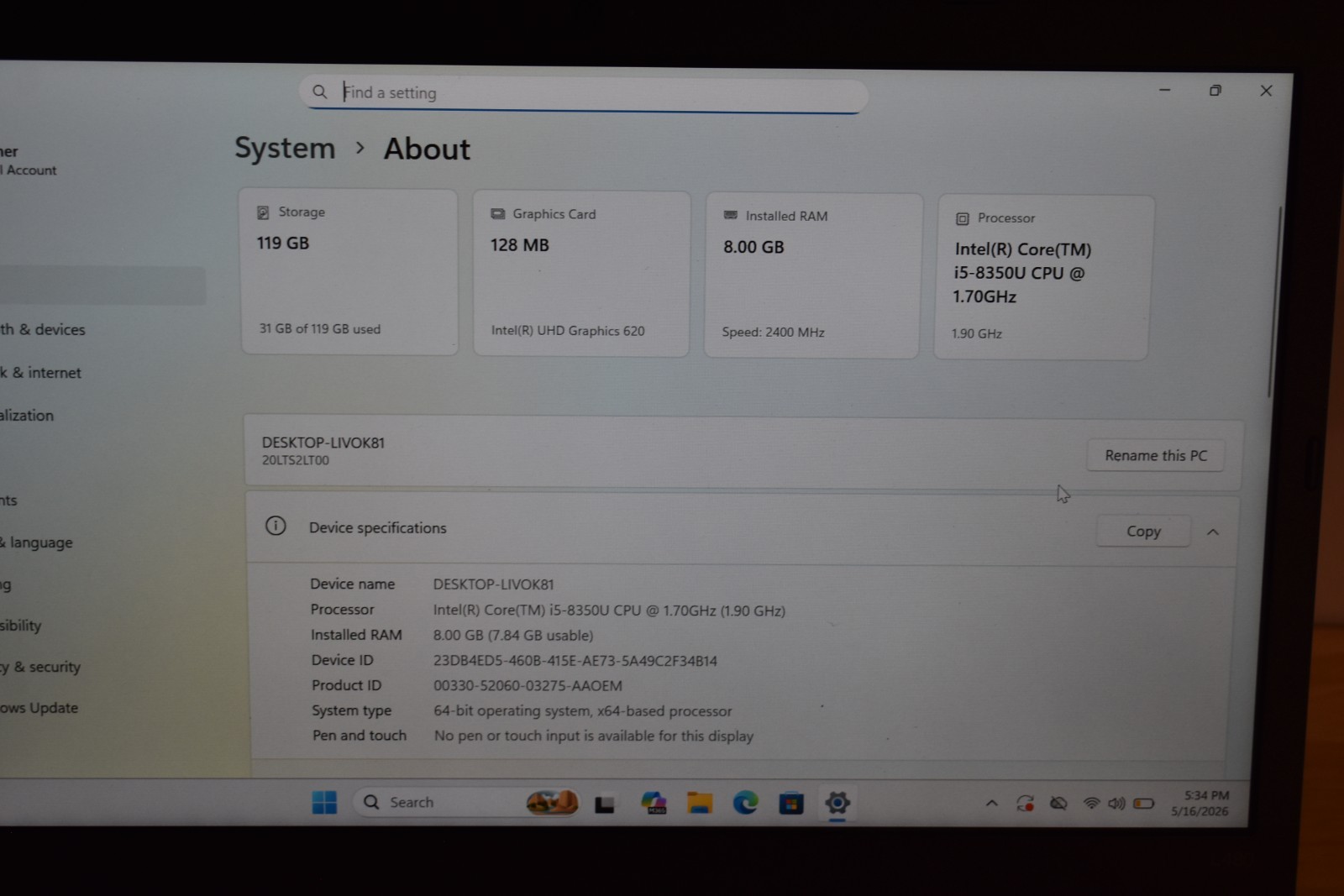 Lenovo Thinkpad L480 Intel Quad Core i5-8350U 8GB RAM 128GB SSD Windows 11 Pro