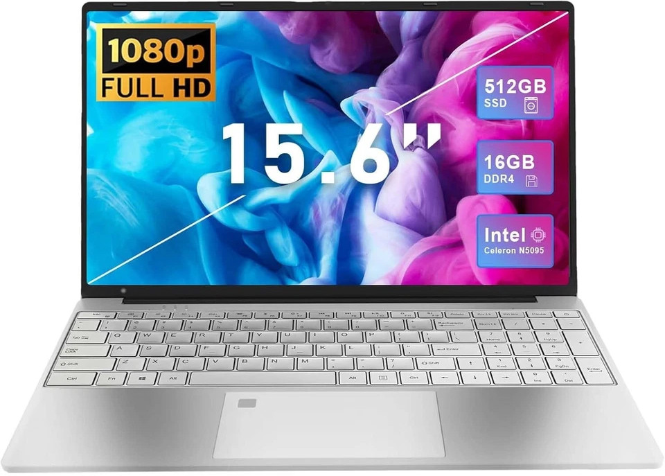 15.6″ FHD Laptop 16GB RAM 512GB SSD Intel Celeron N5095 Win 11 Pro Backlit KB