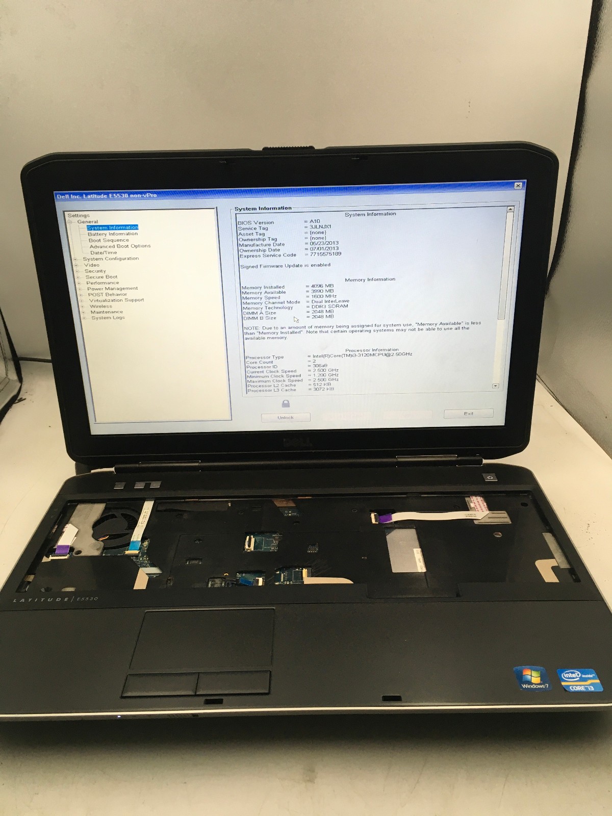 DELL LATITUDE E5530 – BOOTS TO BIOS/LOCKED – INTEL I3 3120M – 4GB RAM – READ -BB