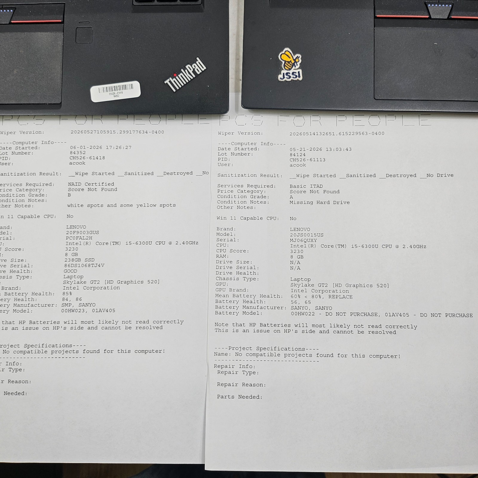Lot of 8 Mixed Model Lenovo ThinkPad i5-5th-8th Gen 8/16GB RAM Mixed Specs *Read