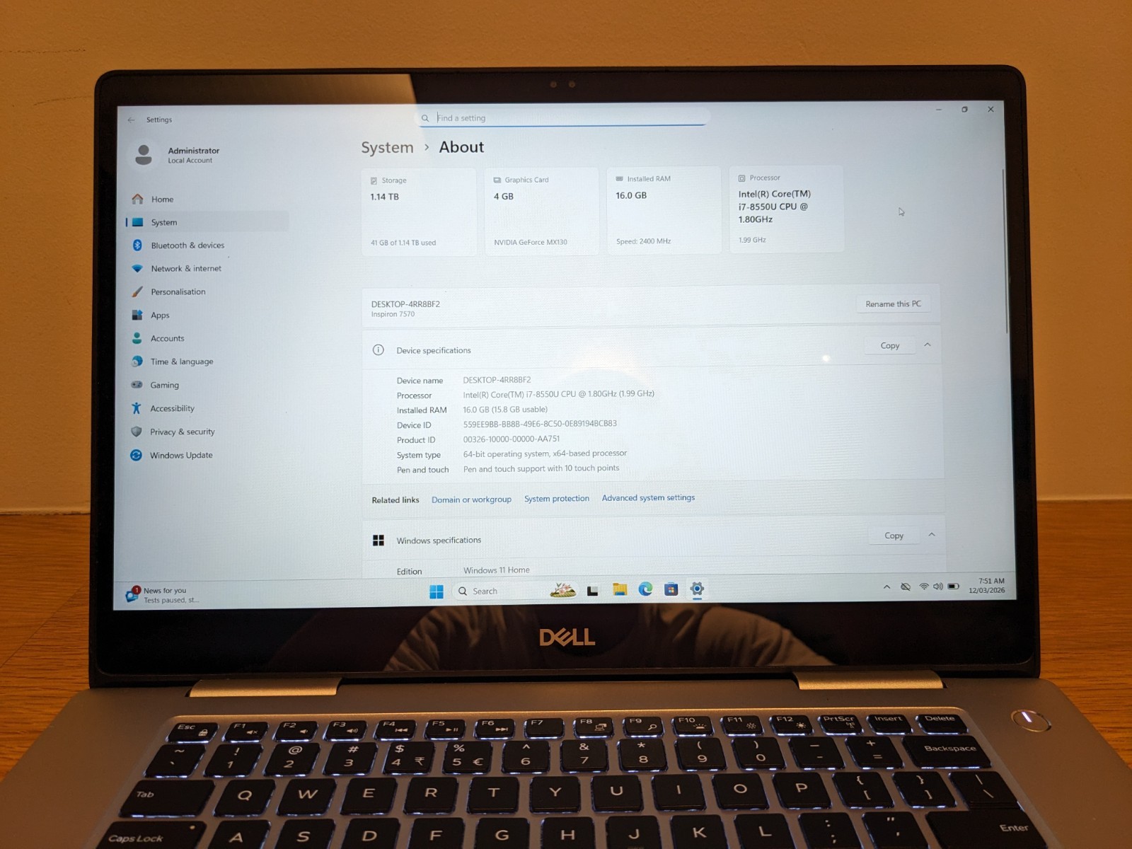 Dell Inspiron 7573 15″ – i7-8550U – 16GB RAM – MX130 – 1.2GB Storage *NEW BATT*