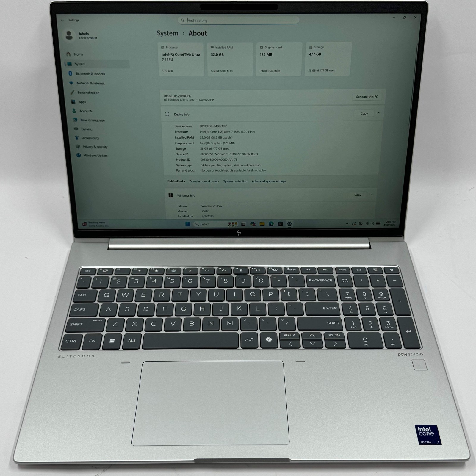 HP Elitebook 660 G11 A6UD2UT 16″ Ultra 7 155U 1.7GHz 32GB RAM 500GB SSD