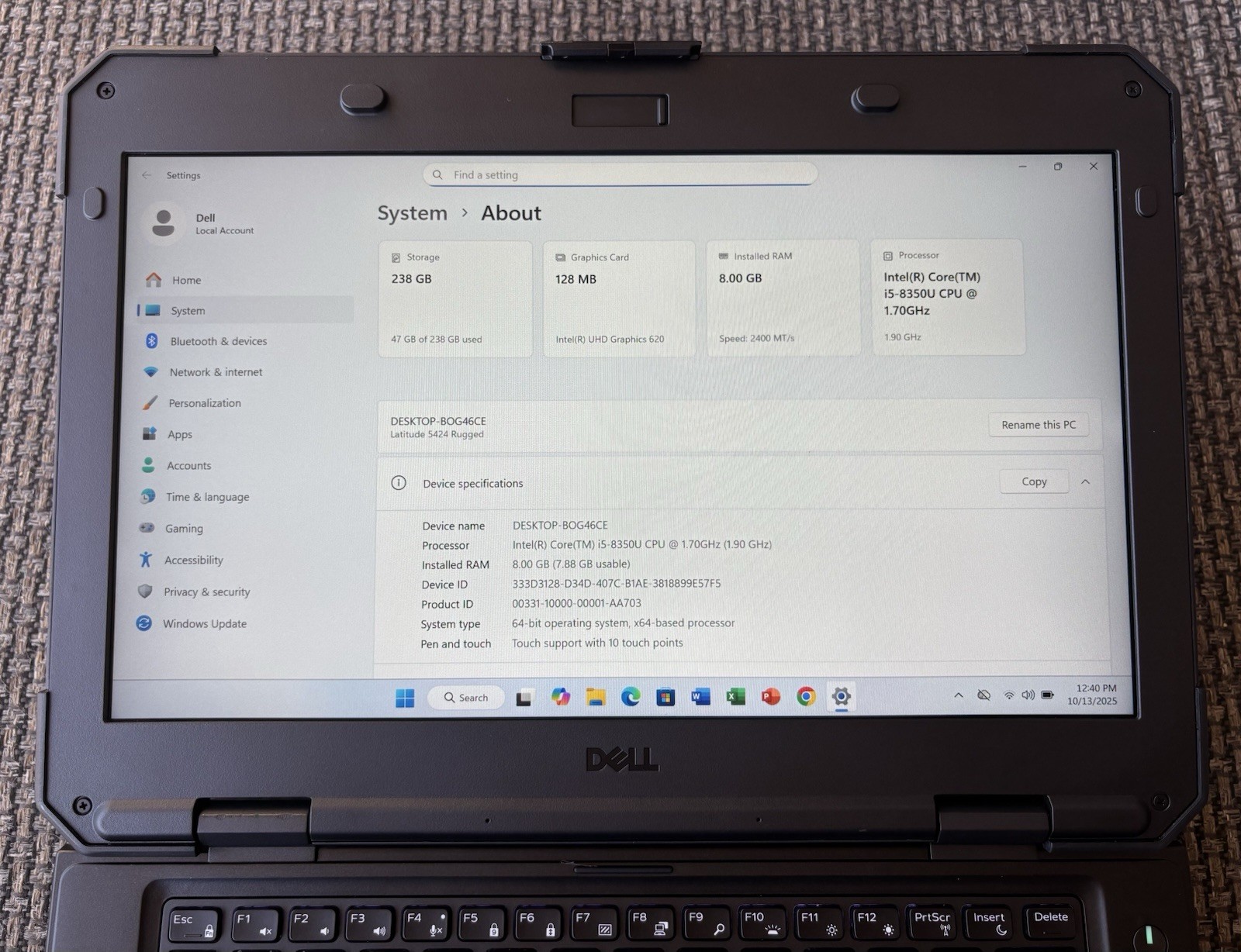 Dell Latitude 5424 Rugged Toughbook i5-8350U 1.70GHz 8GB 256GB Win 11 Pro Touch