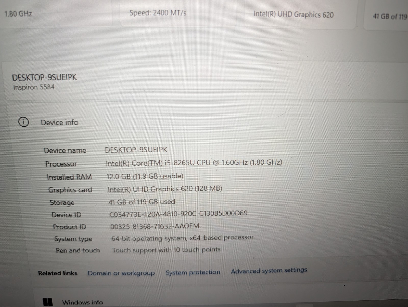 Dell Inspiron 5584 15.6″ FHD i5-8265U 12GB RAM 128GB SSD Win11