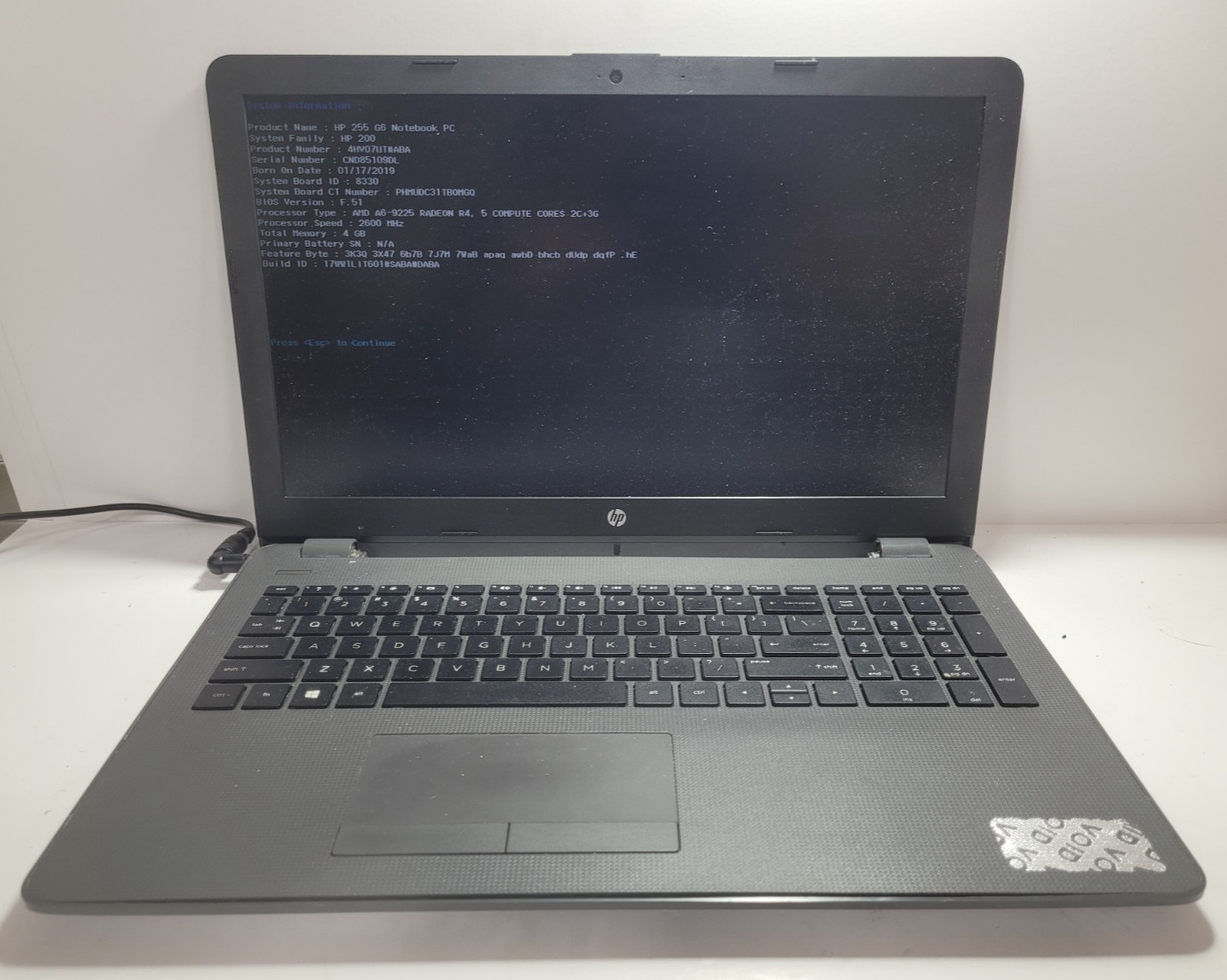 HP 255 G6 w/AMD A6-9225, 4GB RAM, 15.6″ Laptop for Repair #0451