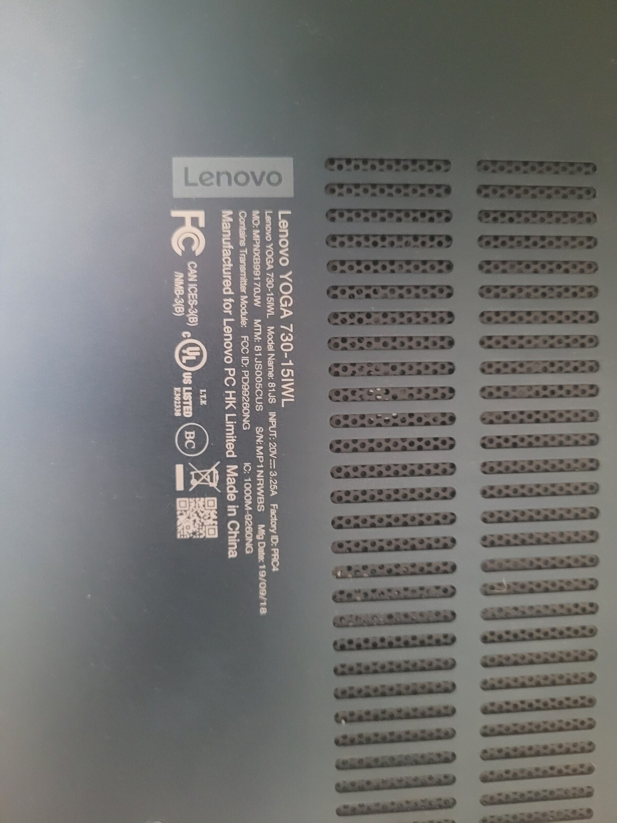 LENOVO YOGA 730-15IWL i5-8265U @ 1.60 GHz, 8GB RAM, NO HDD/OS – (PARTS)