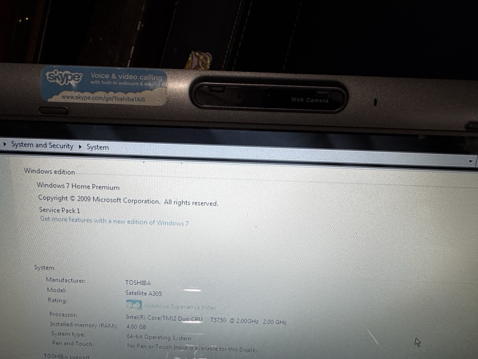 Toshiba Satellite A305-S6861 PSA-G4U-03M00P Core 2 Duo 4GB 300GB Win 7 PREM Copy