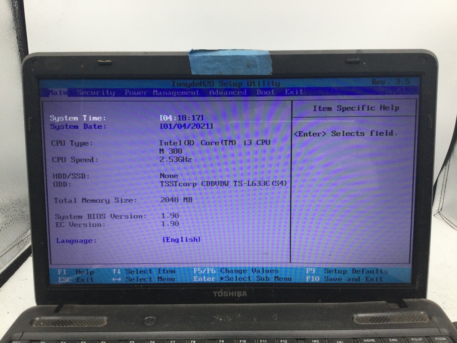 TOSHIBA SATELLITE C655-S5128 – BOOTS TO BIOS – INTEL I3 – 2GB RAM – READ DESC-BB