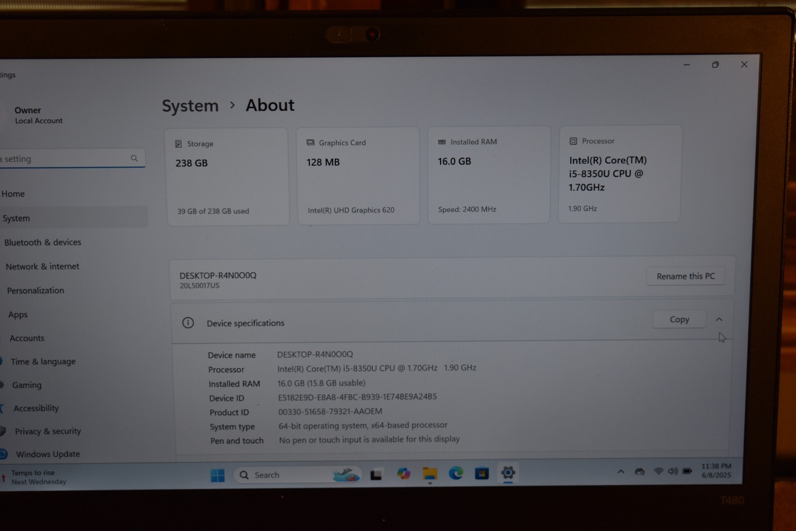 Lenovo Thinkpad T480 Intel Quad Core i5-8350U 16GB RAM 256GB SSD Windows 11 Pro