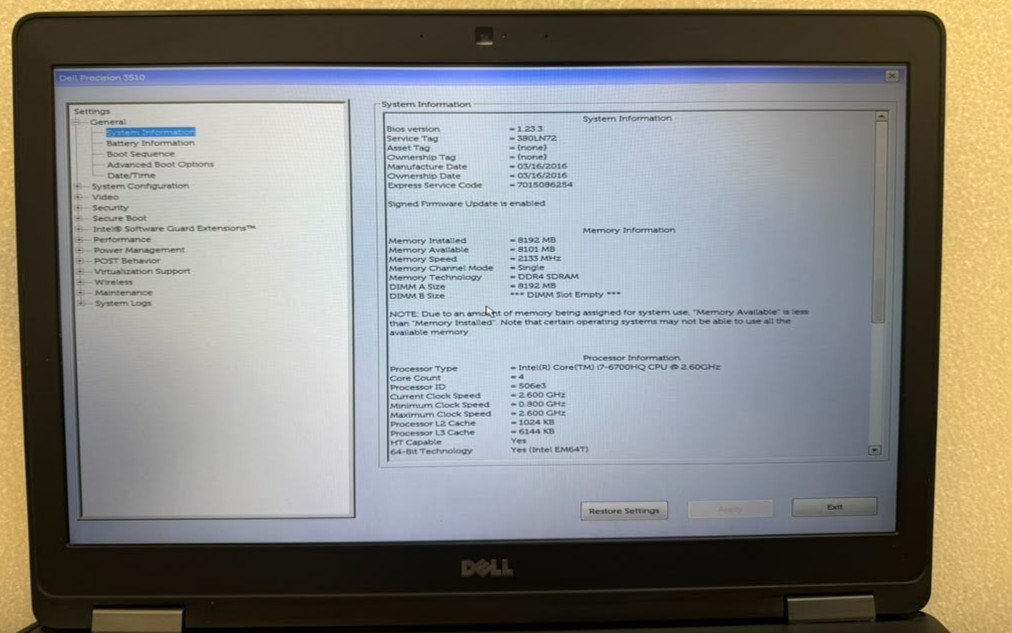 Dell Precision 3510 i7-6700HQ 8GB RAM 0 SSD Missing Battery Cable Used AS-IS