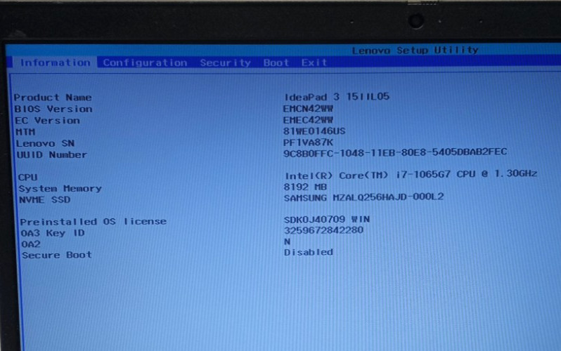 Lenovo IdeaPad 3 15IIL05 TOUCH i7-1065G7@1.30GHz 8GB/256GB NVMe Win11Pro MC130!