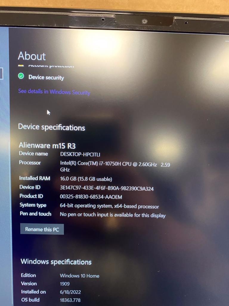 ALIENWARE M15 R3 INTEL i7 10TH GEN 2.60GHz 16GB RAM 460GB SSD GAMING LAPTOP-USED
