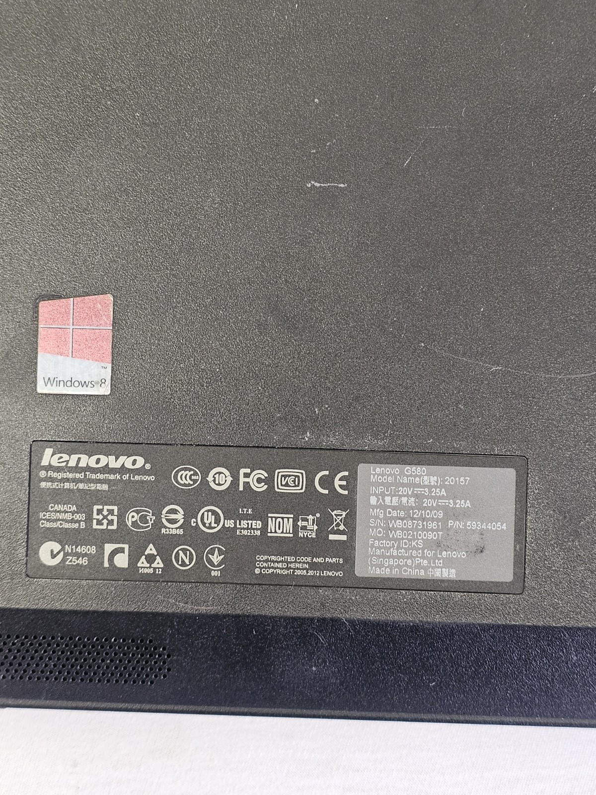 Lenovo G580 Laptop – i5-3210M – 12GB RAM – 500GB HDD – NO BATTERY – Windows 10