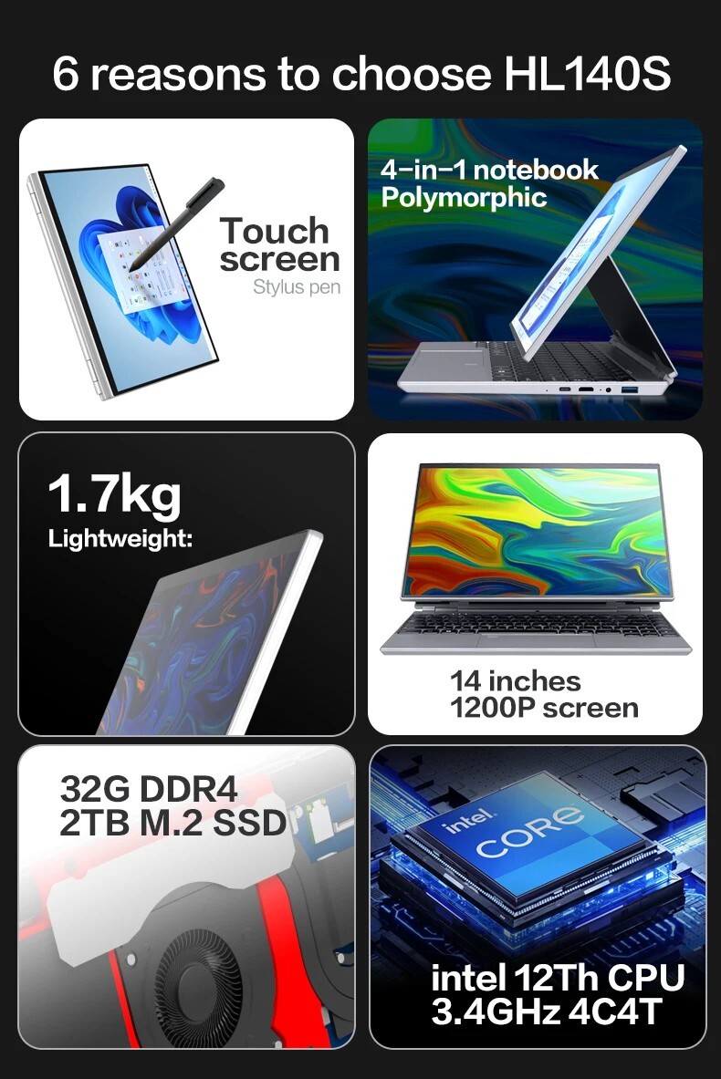 14” Touchscreen Yoga Laptop | Intel N95, 360° Flip, 16:10 IPS, Win 11 Pro, SSD