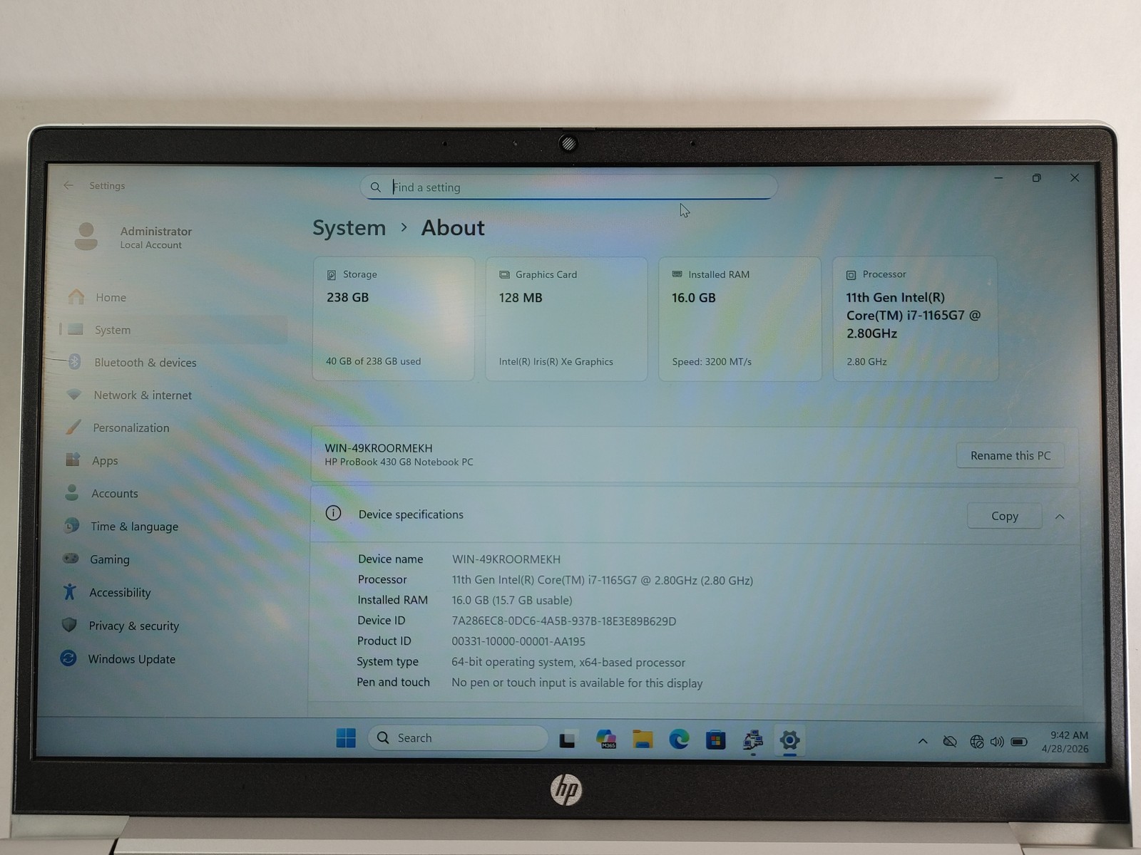 HP ProBook 430 G8 Core i7-1165G7 2.80 GHz 16 GB DDR4 256 GB NVMe Windows 11 Pro