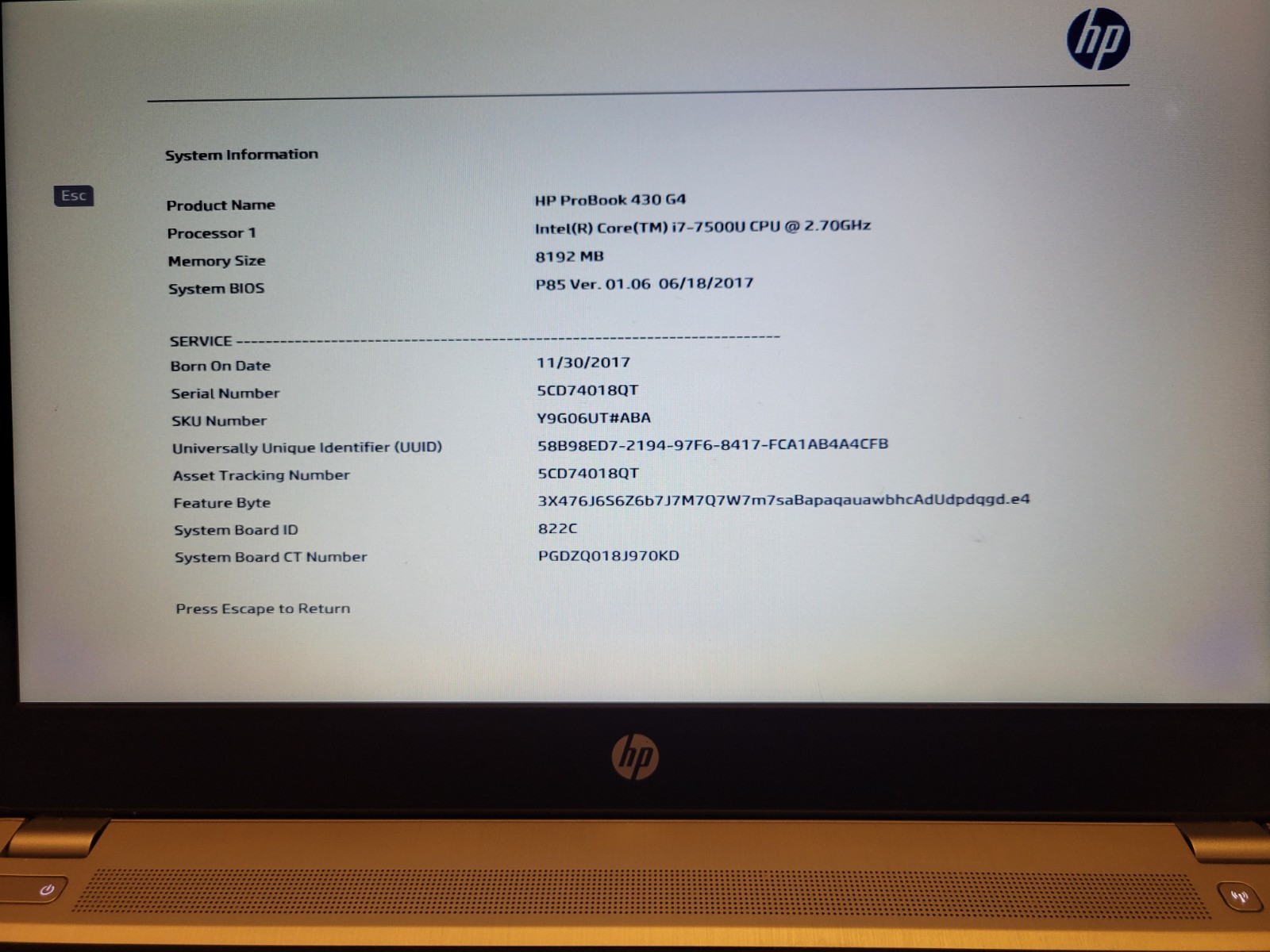HP PROBOOK 430 G4 Intel Core i7-7500U @2.70GHz – 8GB RAM – No HDD/OS