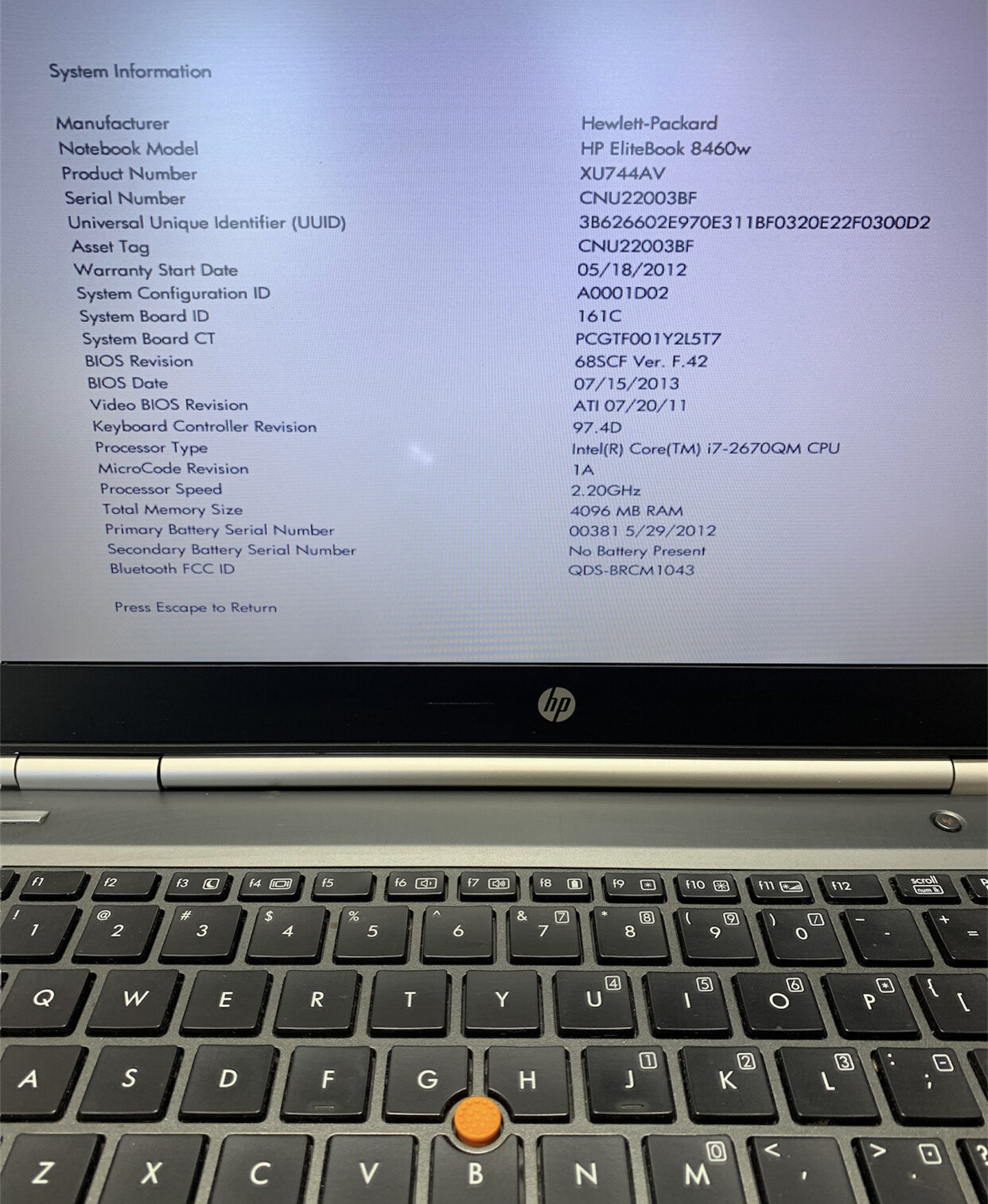 HP EliteBook 8460W i7-2670QM 2.20GHz 4GB not hard drive