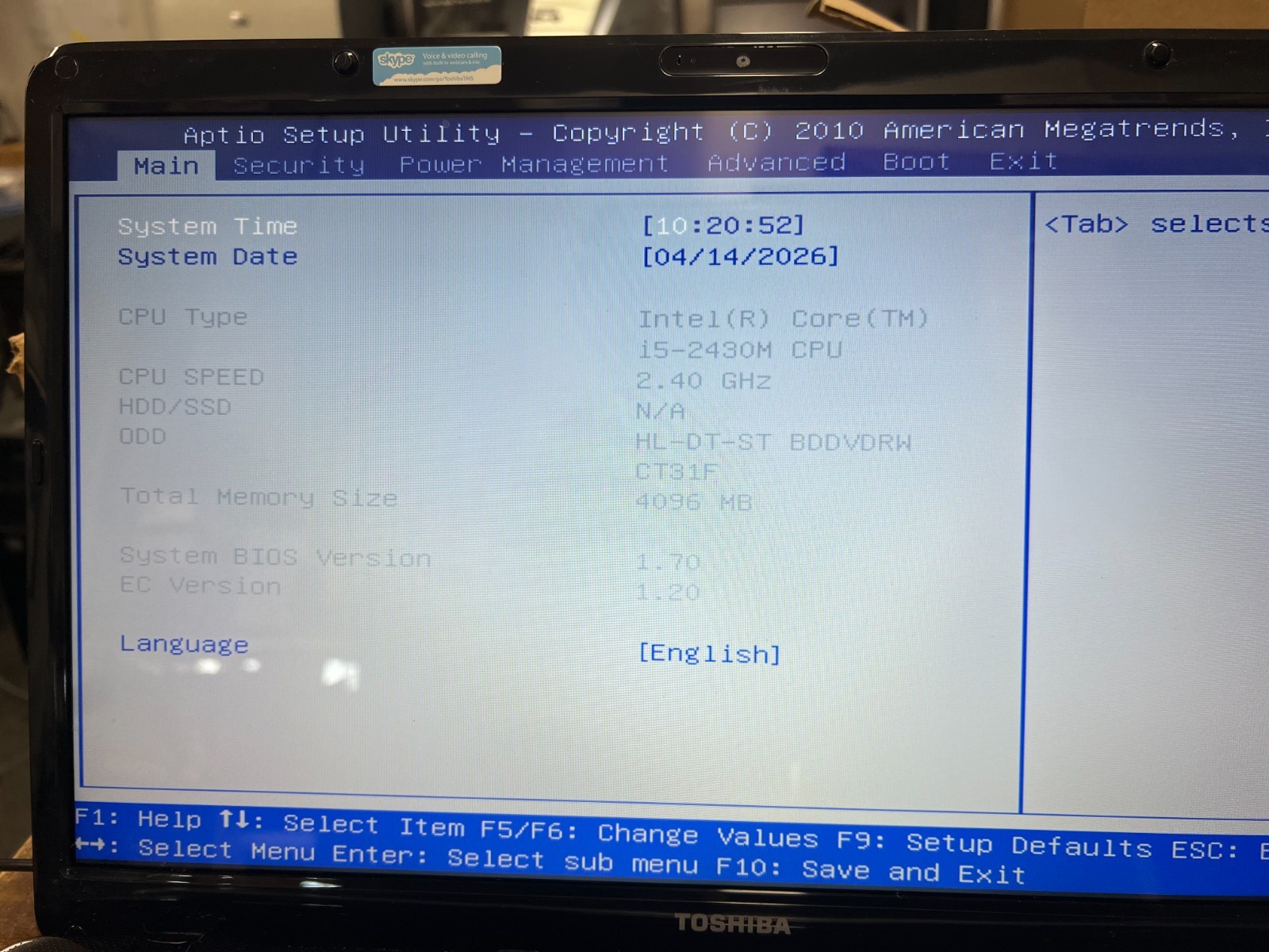 Toshiba Satellite L770 I5-2430m 2.40GHz 4 GB Ram No OS No HDD