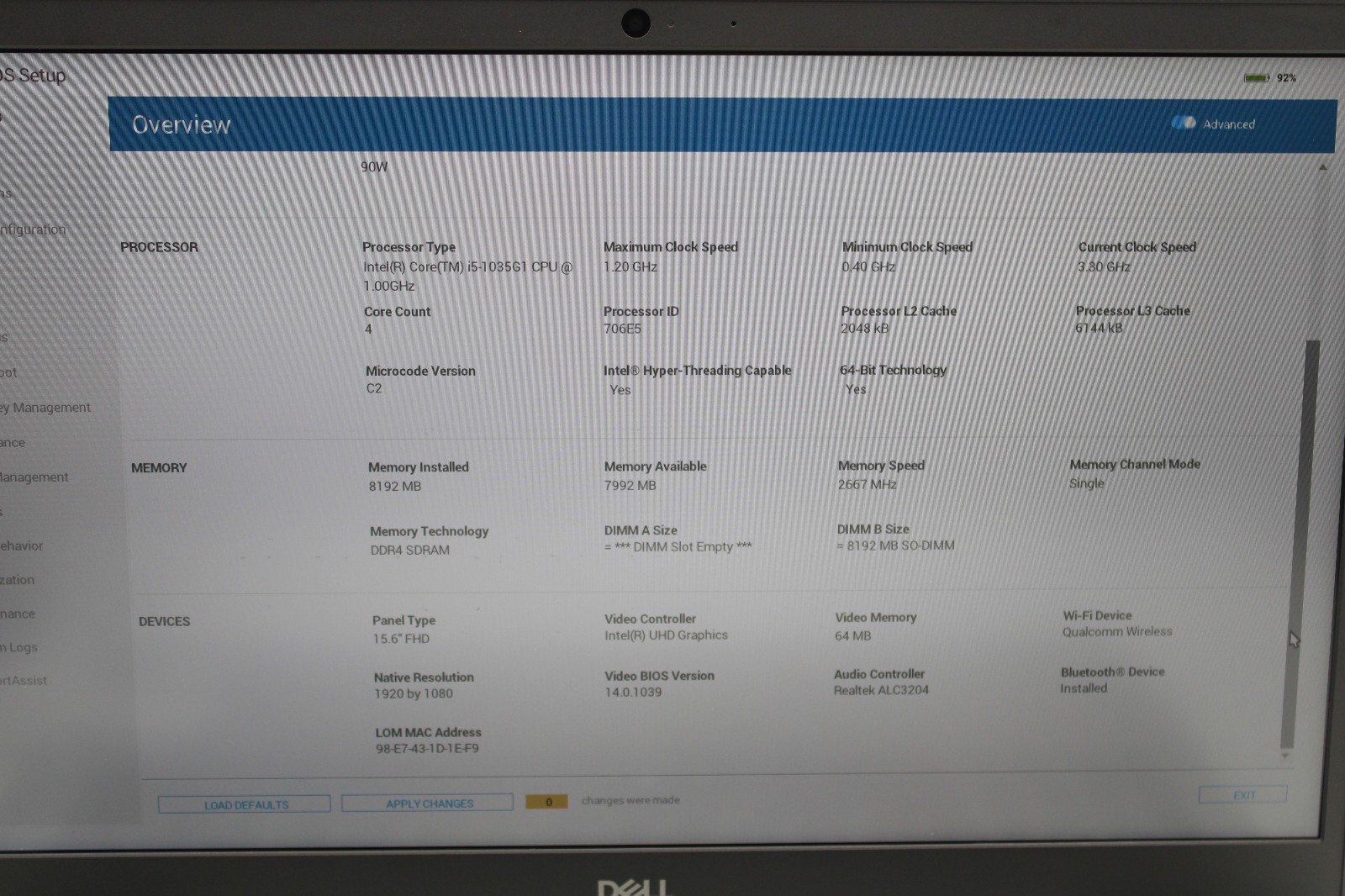 Dell Inspiron 5593 i5-1035G1 @ 1.00 GHz 8GB RAM 240GB SSD No OS *READ