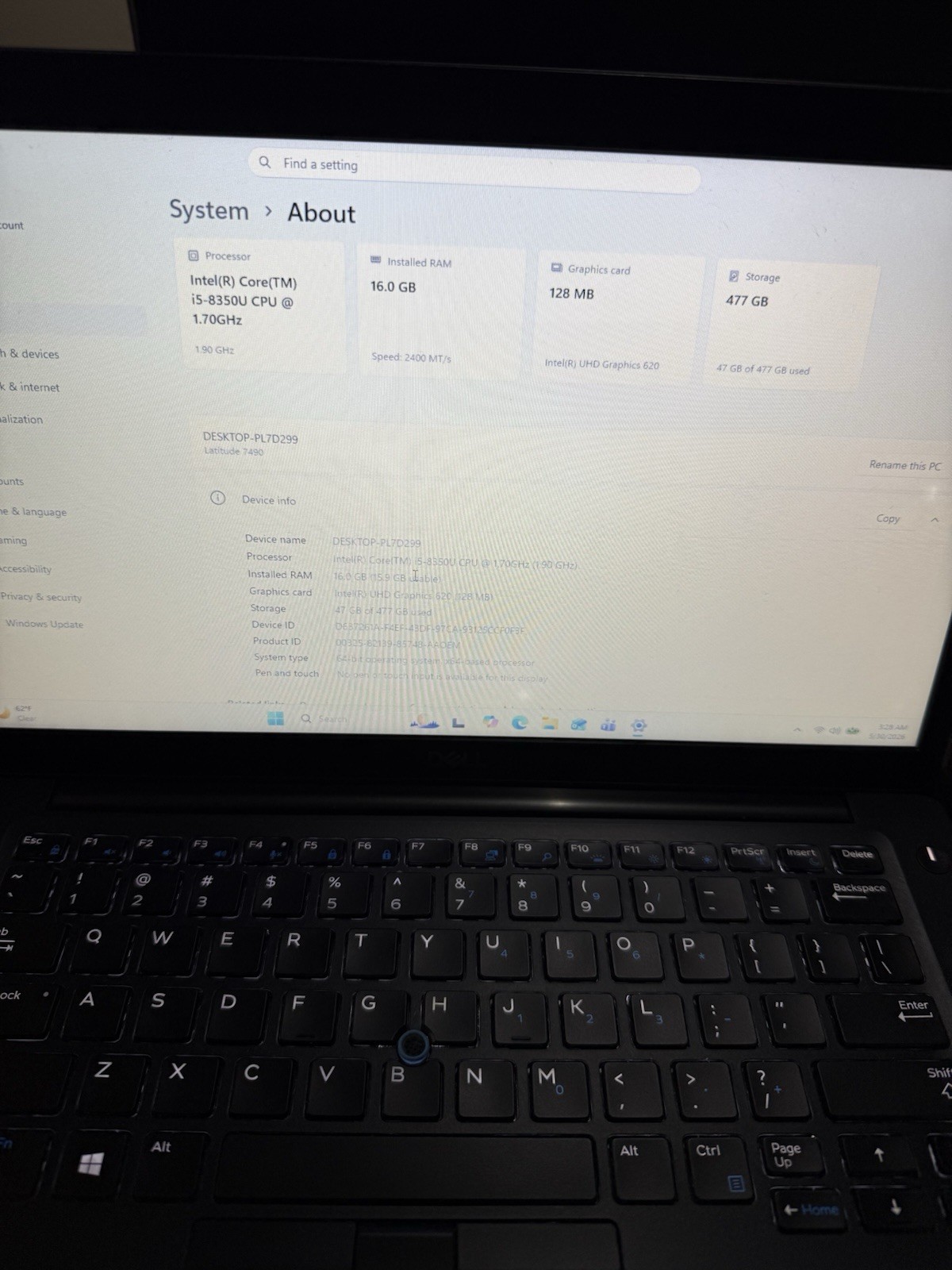 Dell Latitude 7490 i5-8350U 16GB 512GB SSD Win 11 14in FHD Black Webcam