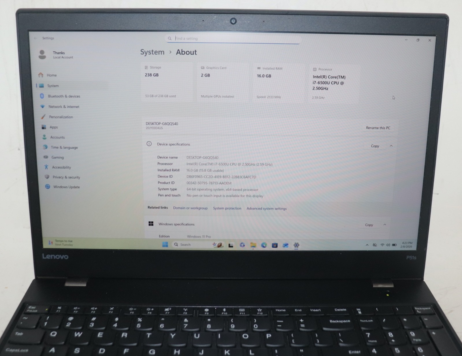 Lenovo ThinkPad P51S|Intel core i7@2.50GHz|16GB RAM|256GBSSD|WIN11.Prof|NVIDIA