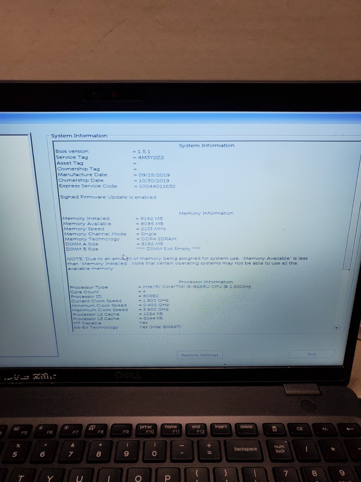 Dell Latitude 5500 15.6″ i5-8265U 1.6GHz 8GB RAM No SSD/OS! NO BATTERY! #69