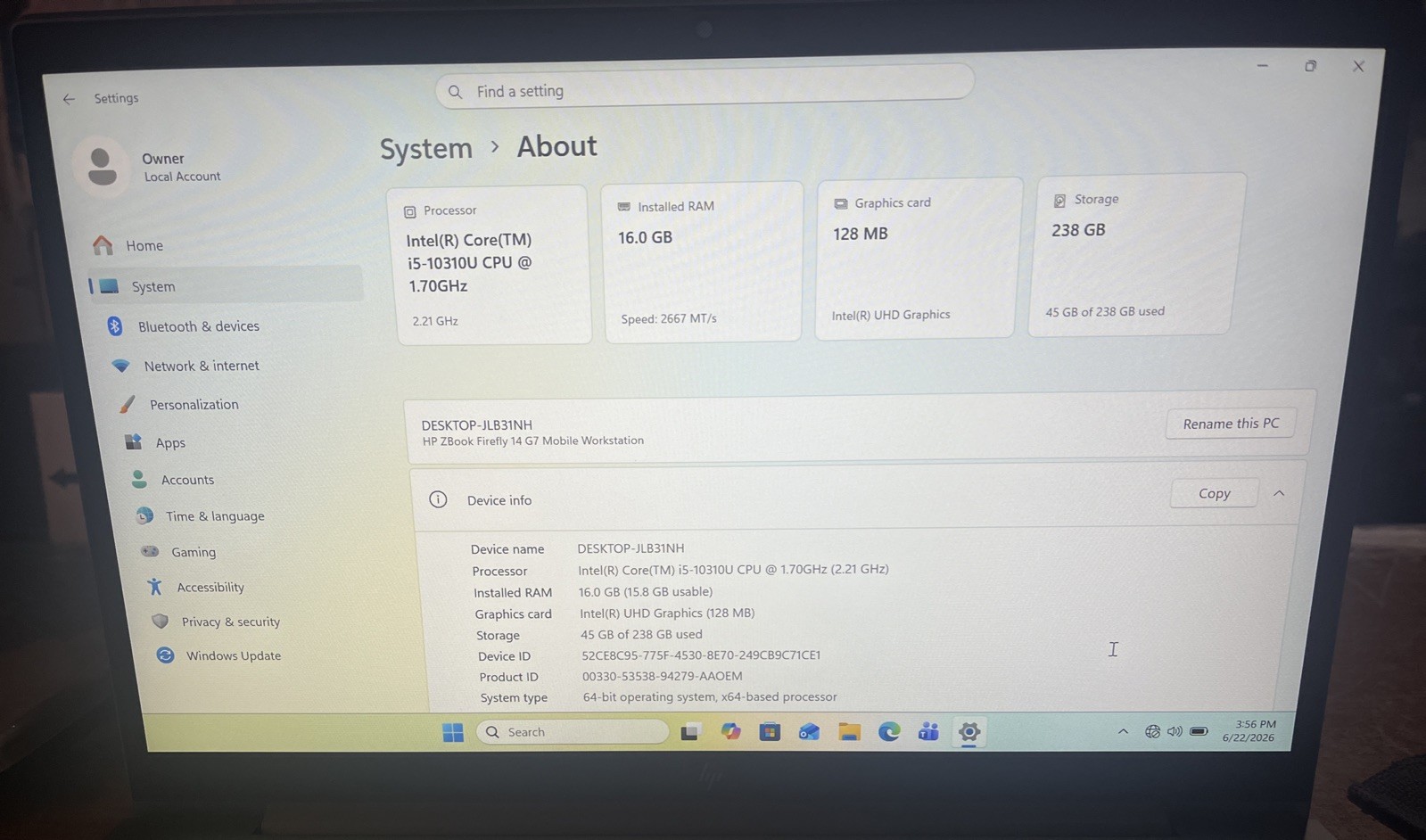 HP Z Book Firefly 14 G7 14″ i5-10310U@1.7GHz, 16GB RAM, 256 GB M2, W11P *READ*