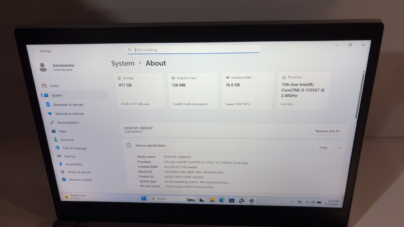 Lenovo ThinkPad T14s Gen 2 Intel i5-1135G7 2.40GHz 16GB 512GB SSD Touch 99%