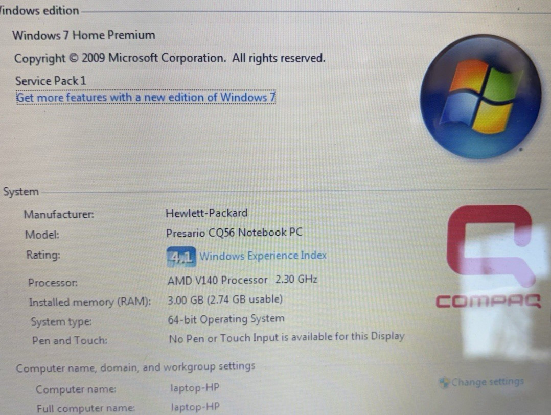 HP Compaq Presario CQ56 Laptop 15.6″ Intel Celeron 900 2.2GHz 2GB RAM Windows 7