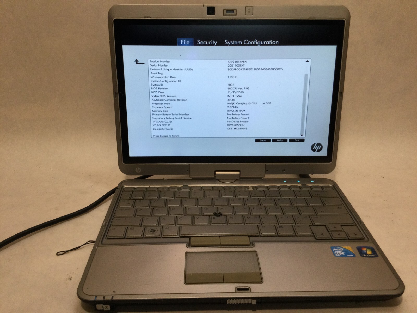 HP EliteBook 2740p / Intel Core i5 M560 @ 2.67GHz / (CRACKED/MISSING PARTS!) -MR