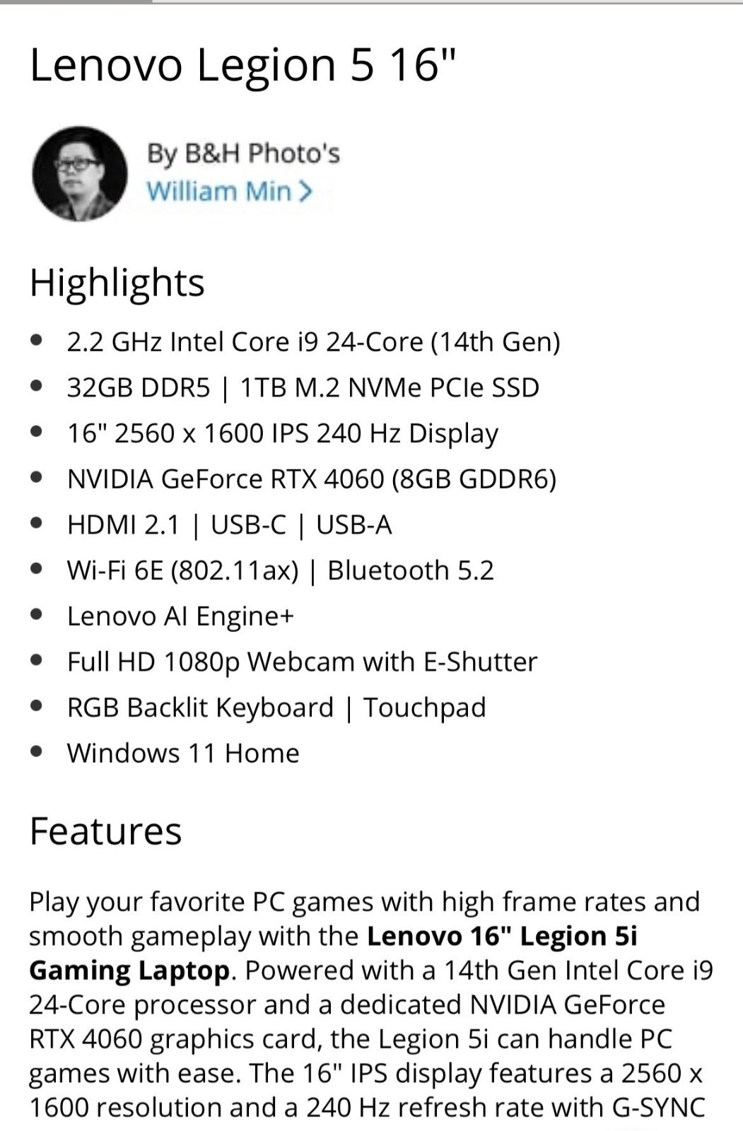 Lenovo Legion 5i Gaming Laptop. All details in photos