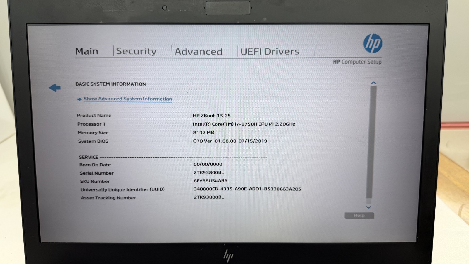 HP ZBOOK 15 G5 i7-8750H@2.20GHz 8GB RAM NO HDD/SSD NO OS*READ